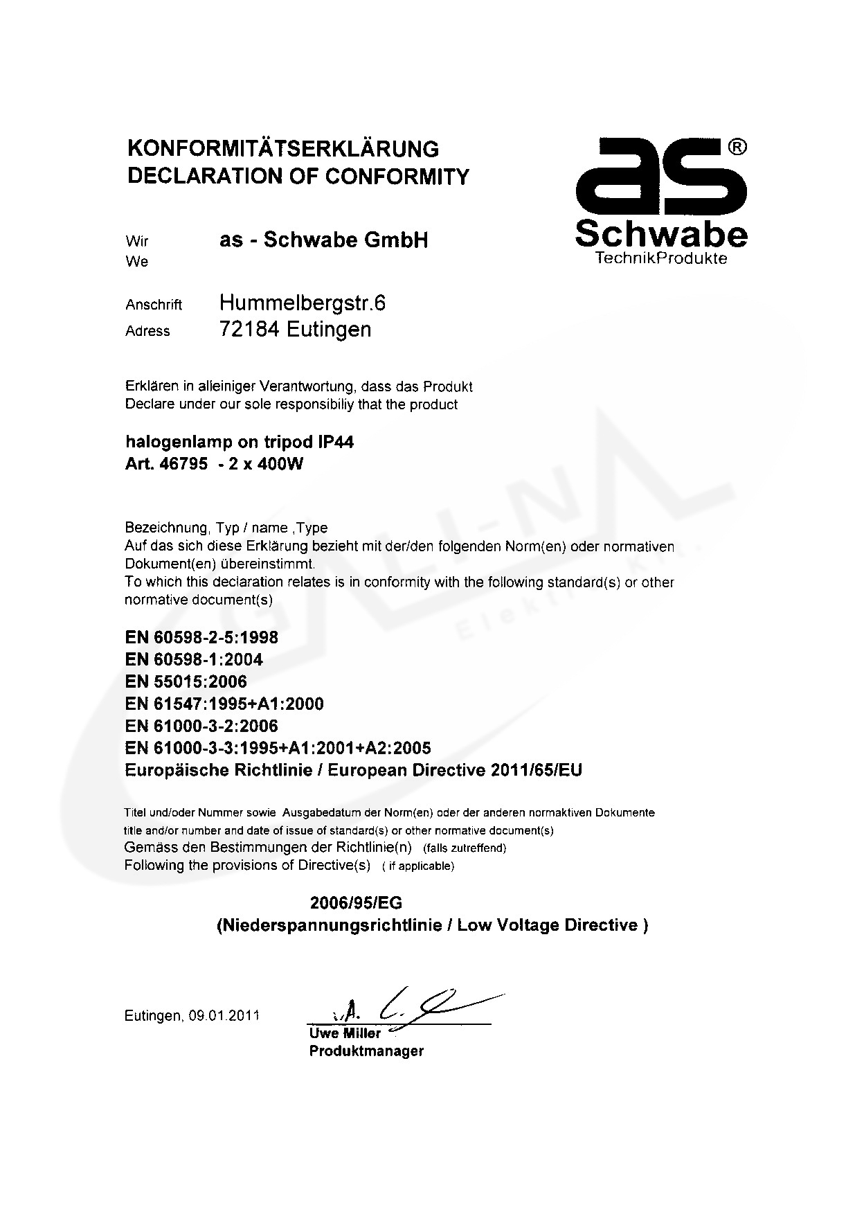 Állványos reflektor   2x400W   a.s-Schwabe  2,5m H05RN-F 3G1 dugós vezetékkel
