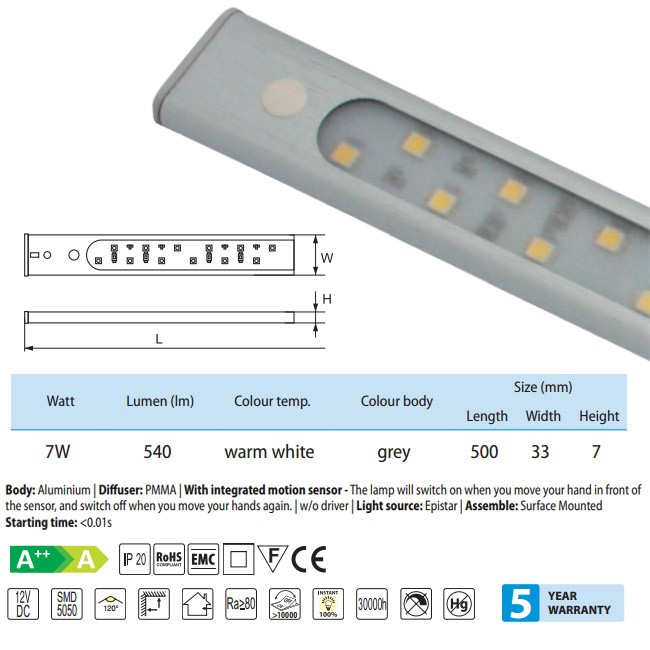 Bútorvilágító    LED   7W   12V DC   600mm    2900K   kapcsolóval