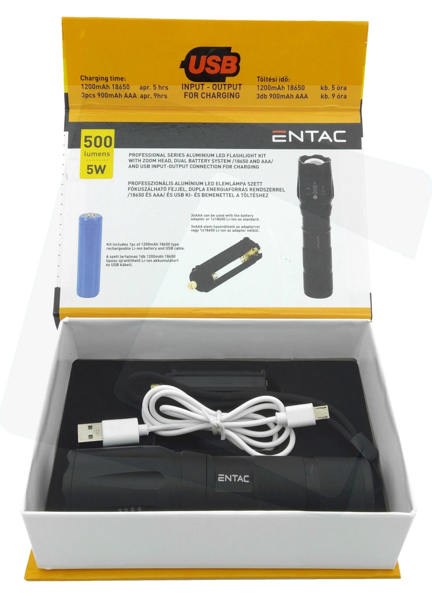 Elemlámpa   5W   500lm   USB   tölthető   Entac