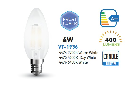 Filament Frost Gyertya - 4W   E14   2700K   meleg fehér   V-TAC